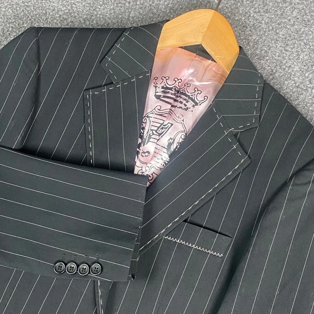 7 Diamonds Mens Blazer S Black Pinstripe‎ Clapton Pink Lining Contrast Stitch